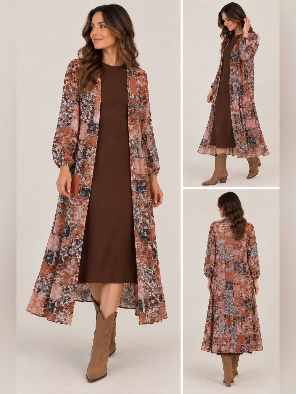 NWT Hayden LA Paisley Maxi Duster in Orange & Blue Size Large Fall Color Brown